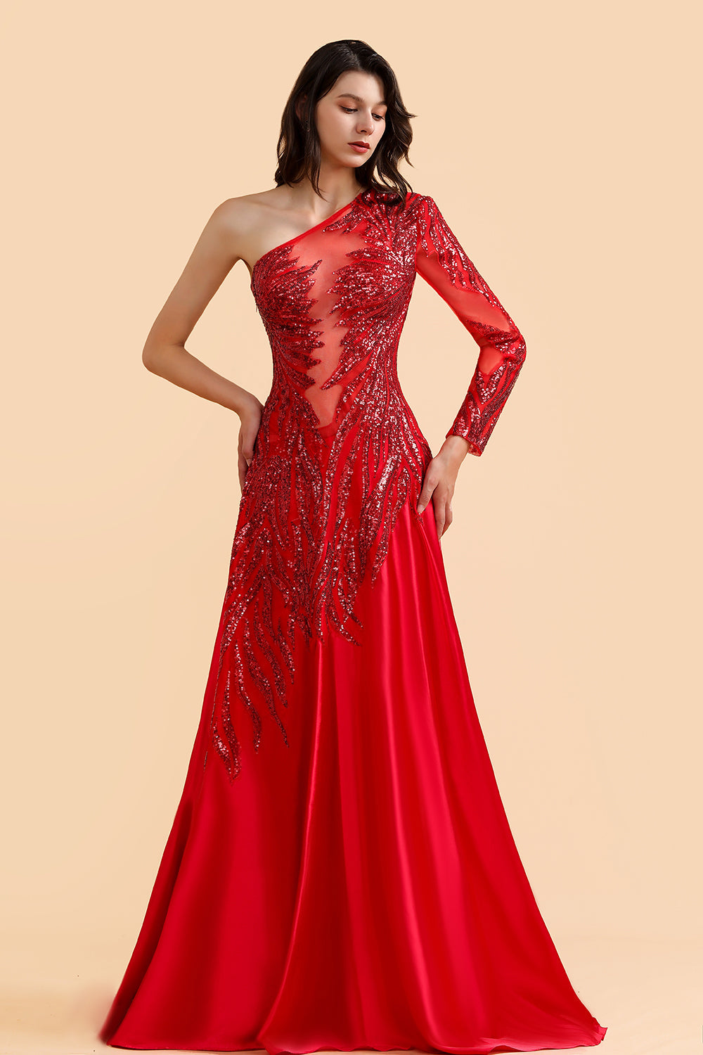 Chic One-Shoulder Red Sequined Prom Dresses One-Sleeve Sexy Party Dress On Sale