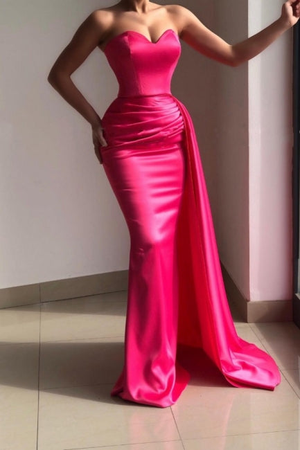 Chic Pink Strapless Sleeveless Mermaid Elastic Woven Satin Evening Dresses With Ruffles