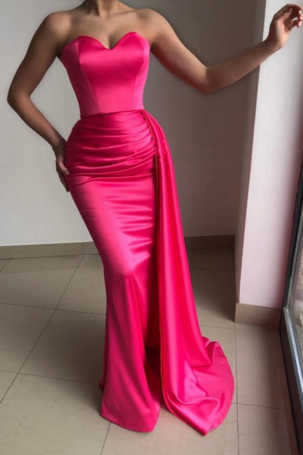 Chic Pink Strapless Sleeveless Mermaid Elastic Woven Satin Evening Dresses With Ruffles