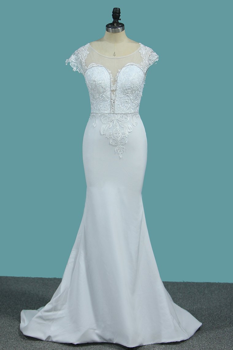 Chic Satin Jewel Lace Wedding Dress Cap Sleeves Beadings Mermaid Bridal Gowns On Sale