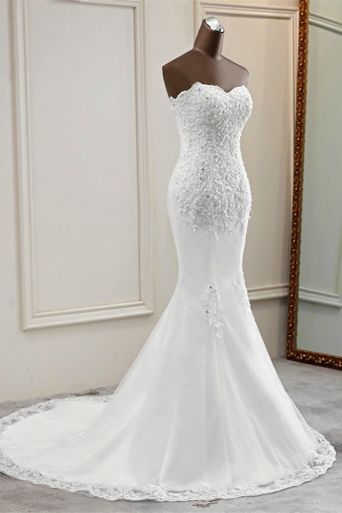 Chic Strapless Lace Appliques White Mermaid Wedding Dresses with Beadings