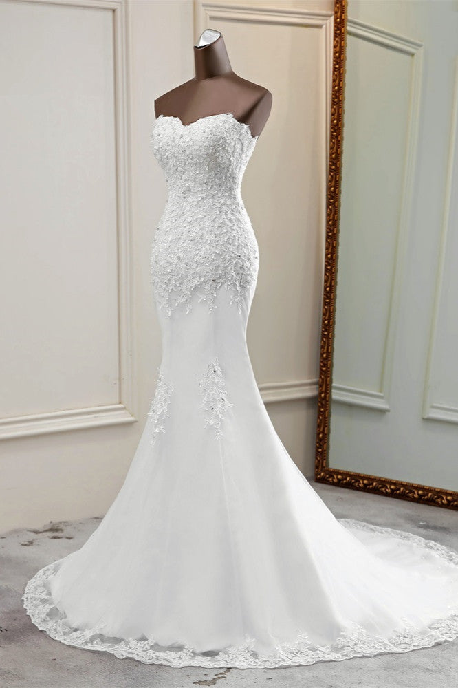 Chic Strapless Lace Appliques White Mermaid Wedding Dresses with Beadings