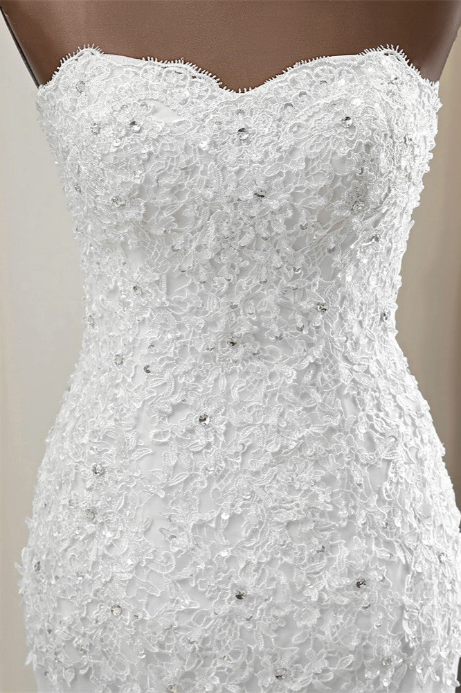 Chic Strapless Lace Appliques White Mermaid Wedding Dresses with Beadings