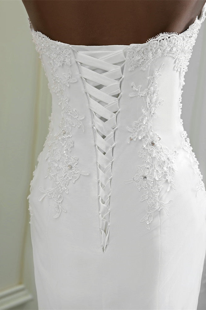 Chic Strapless Lace Appliques White Mermaid Wedding Dresses with Beadings