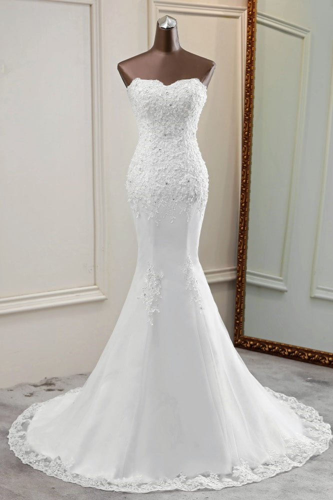 Chic Strapless Lace Appliques White Mermaid Wedding Dresses with Beadings