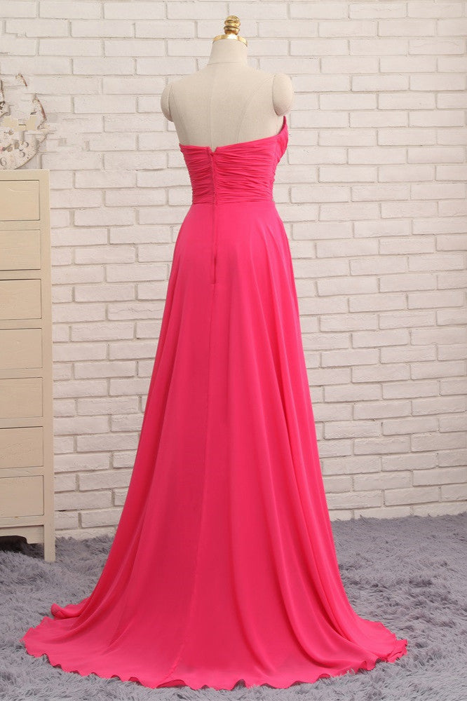 Chic Strapless Sweetheart Watermelon Prom Dresses A-Line Ruffles Crystals Evening Dresses