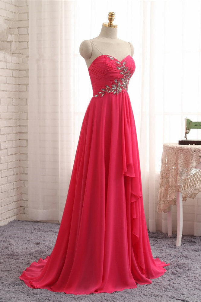 Chic Strapless Sweetheart Watermelon Prom Dresses A-Line Ruffles Crystals Evening Dresses