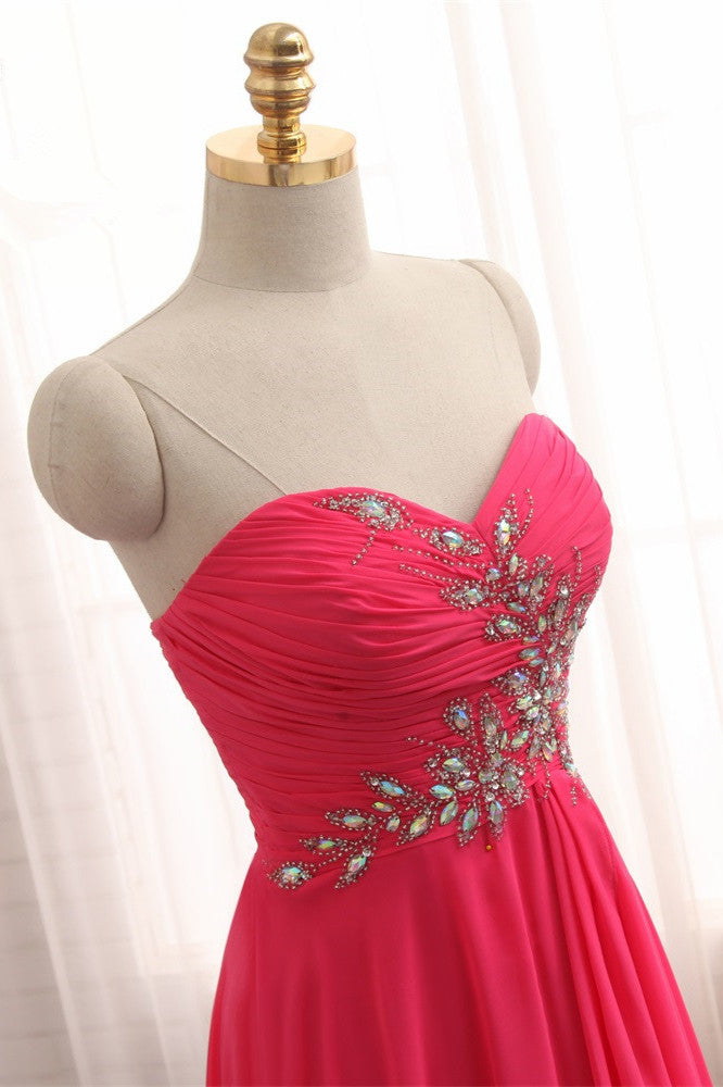 Chic Strapless Sweetheart Watermelon Prom Dresses A-Line Ruffles Crystals Evening Dresses