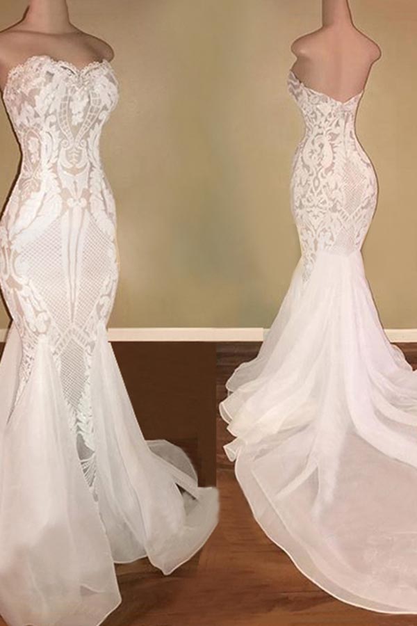 Chic Sweetheart White Mermaid Wedding Dresses With Appliques Tulle Ruffles Bridal Gowns On Sale