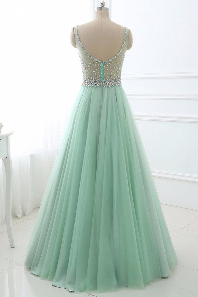 Chic Tulle Jewel Sleeveles A-Line Prom Dresses with Rhinestones On Sale