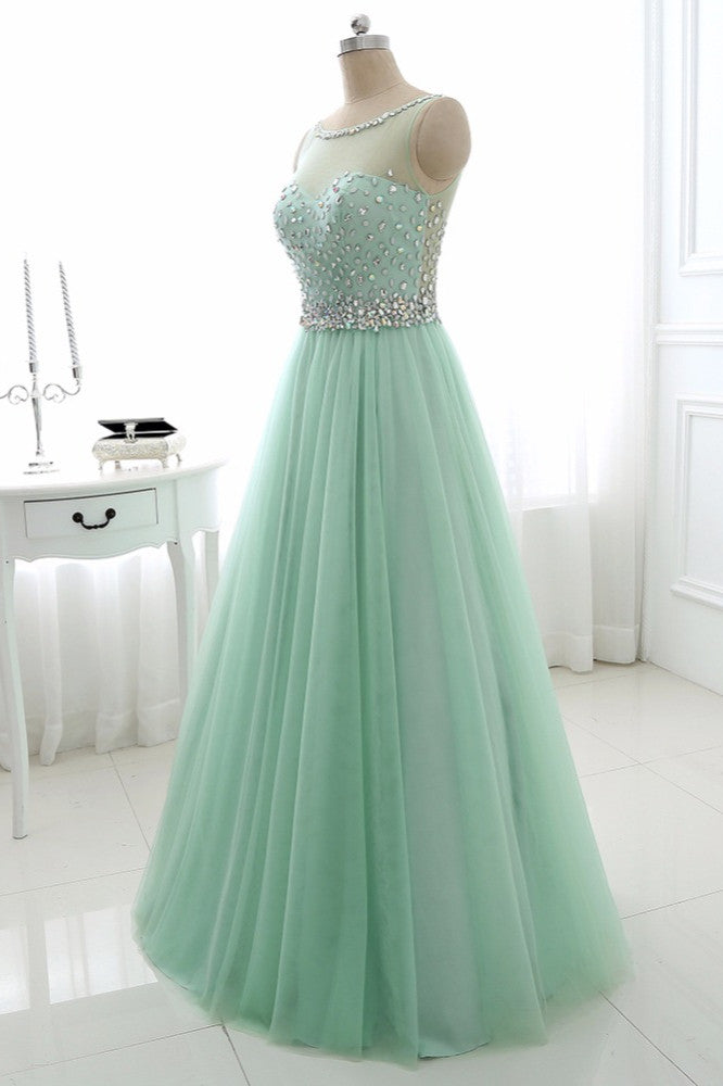 Chic Tulle Jewel Sleeveles A-Line Prom Dresses with Rhinestones On Sale