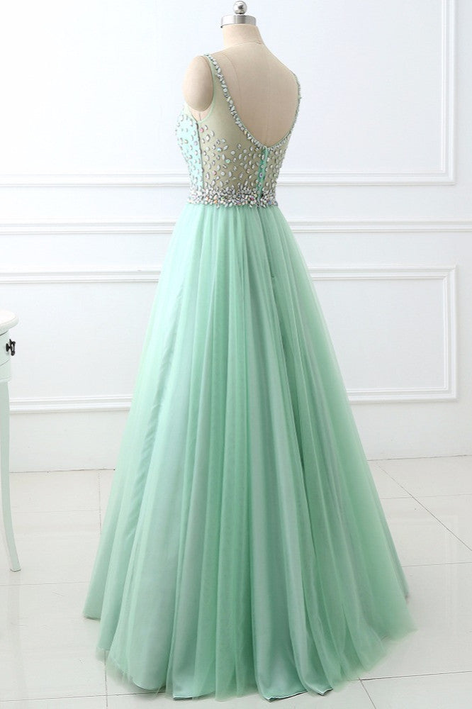 Chic Tulle Jewel Sleeveles A-Line Prom Dresses with Rhinestones On Sale