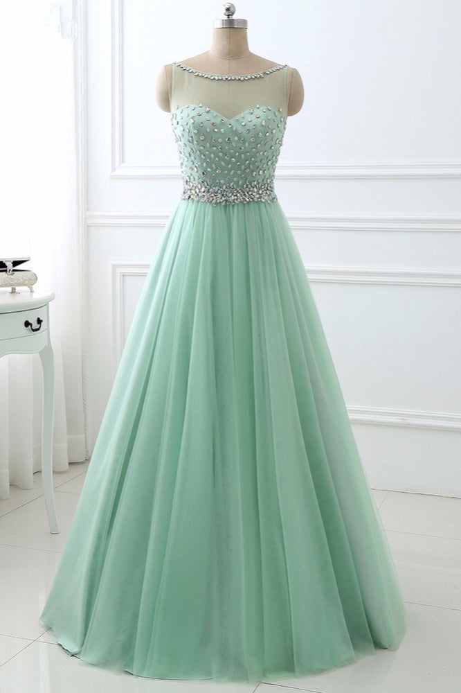 Chic Tulle Jewel Sleeveles A-Line Prom Dresses with Rhinestones On Sale