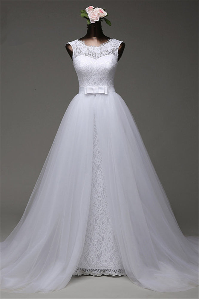 Chic Tulle Lace Jewel Mermaid Wedding Dresses with Overskirt