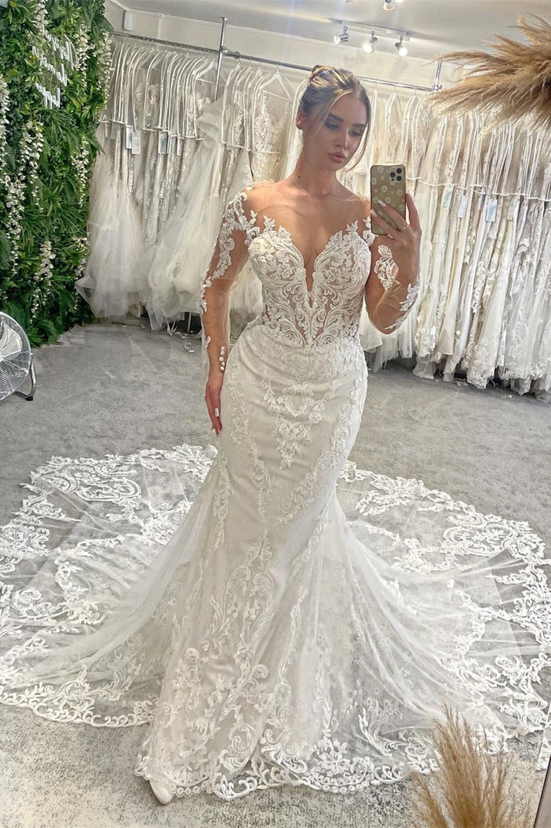 Chic V-Neck Long Sleeves Mermaid Lace Wedding Dress