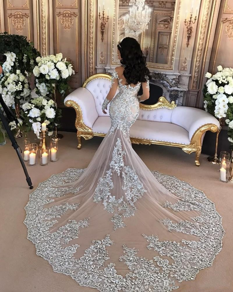 Classic High neck Long Sleevess Mermaid Wedding Dress Silver Tulle Bridal Gowns with Lace Appliques