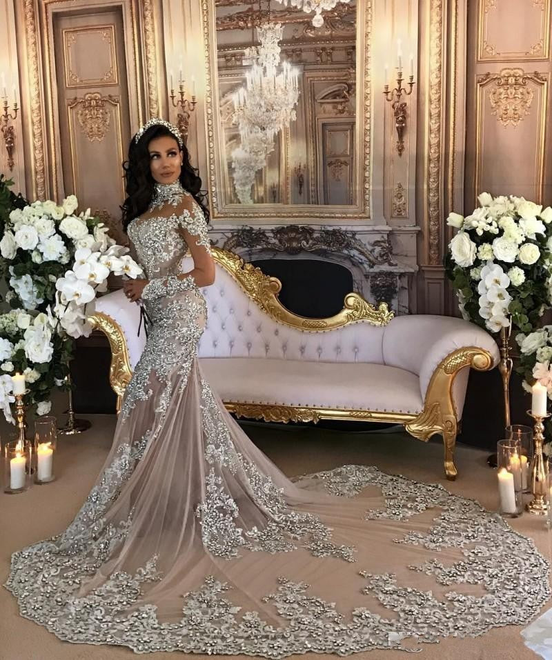 Classic High neck Long Sleevess Mermaid Wedding Dress Silver Tulle Bridal Gowns with Lace Appliques