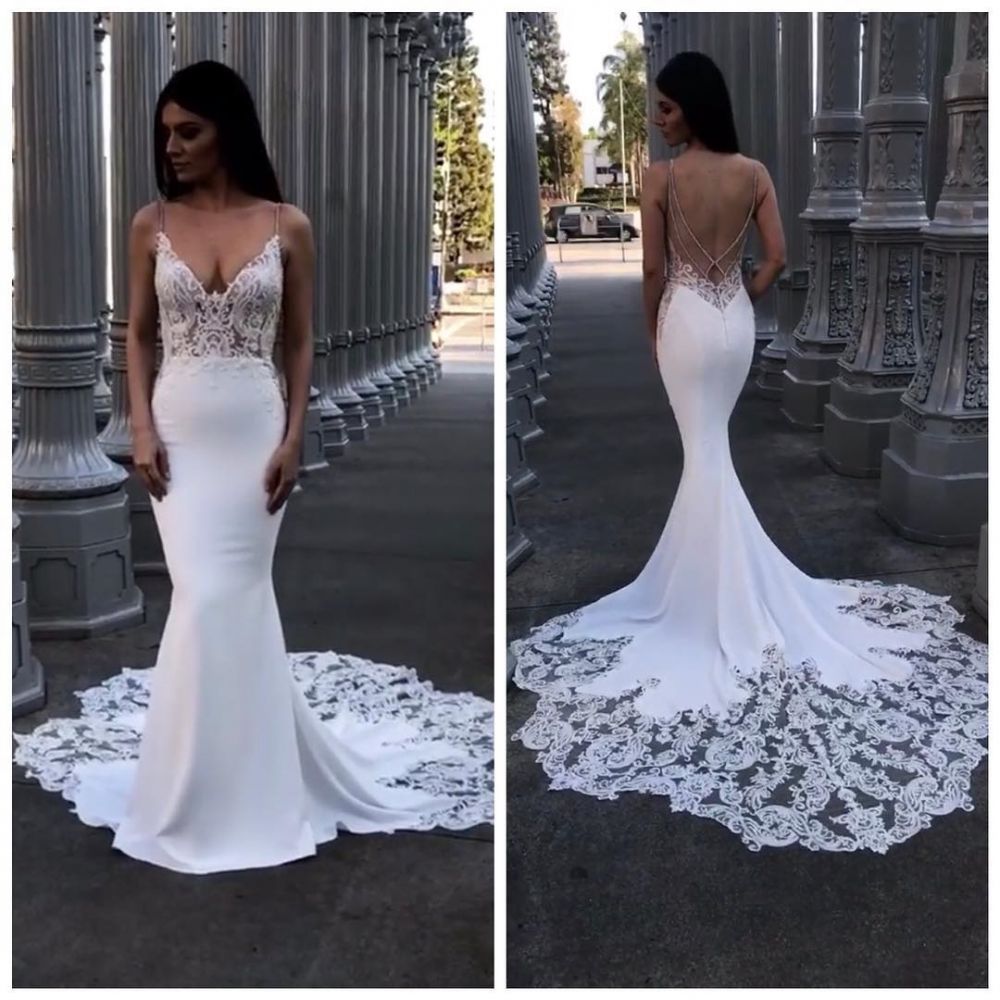 Classic Lace Mermaid Wedding Dresses Spaghetti Straps Backless Bridal Gowns