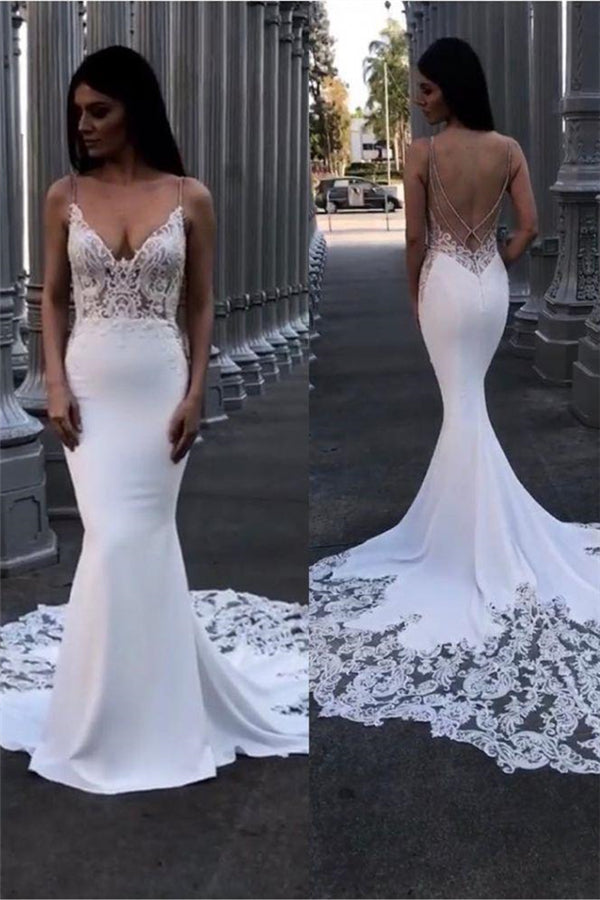 Classic Lace Mermaid Wedding Dresses Spaghetti Straps Backless Bridal Gowns