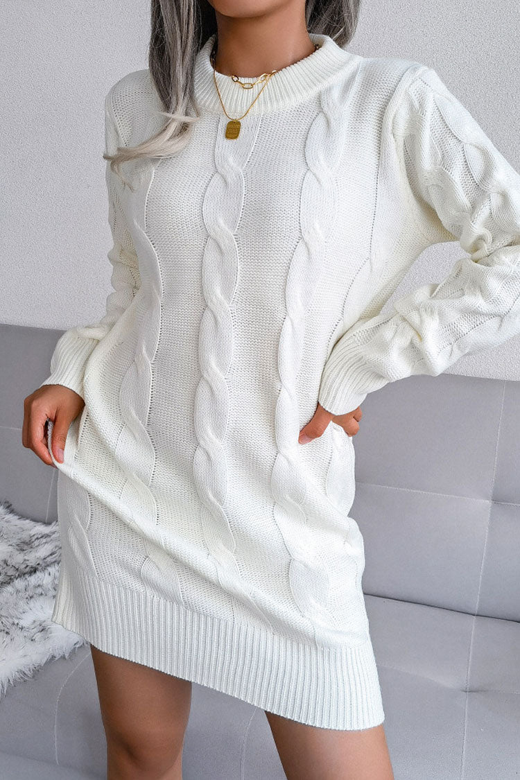 Classic Long Sleeve Winter Cable Knit Pullover Sweater Mini Dress - White