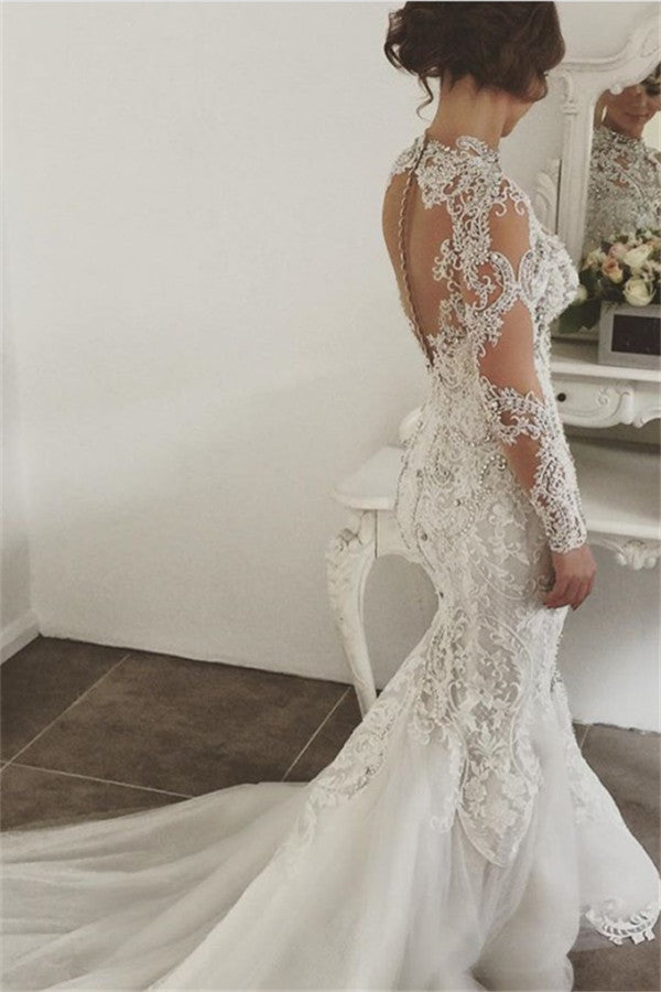 Classic Mermaid Long Sleevess Lace High Neck Crystal Wedding Dresses Modern Beading Bridal Gowns With Buttons