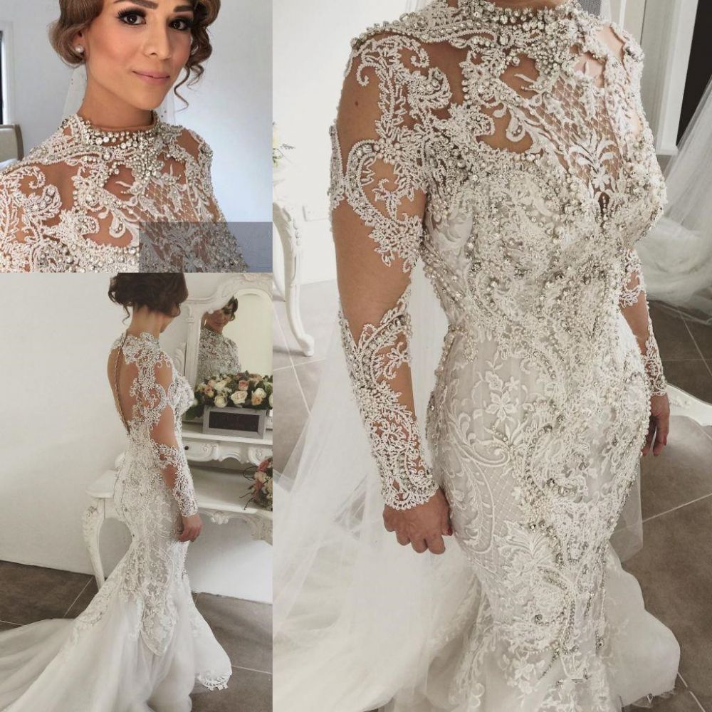 Classic Mermaid Long Sleevess Lace High Neck Crystal Wedding Dresses Modern Beading Bridal Gowns With Buttons