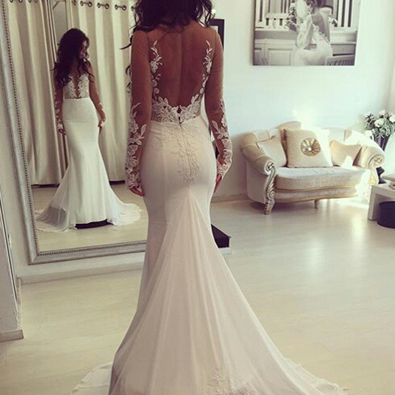 Classic Mermaid Sheer Long Sleeves Appliques Wedding Dresses