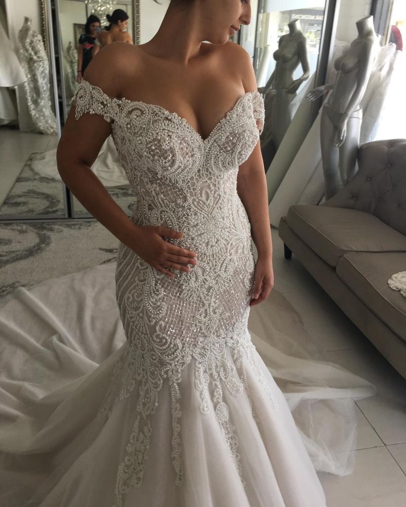 Classic Off the shoulder Sweetheart Pearl Mermaid Chapel Train Wedding Dress