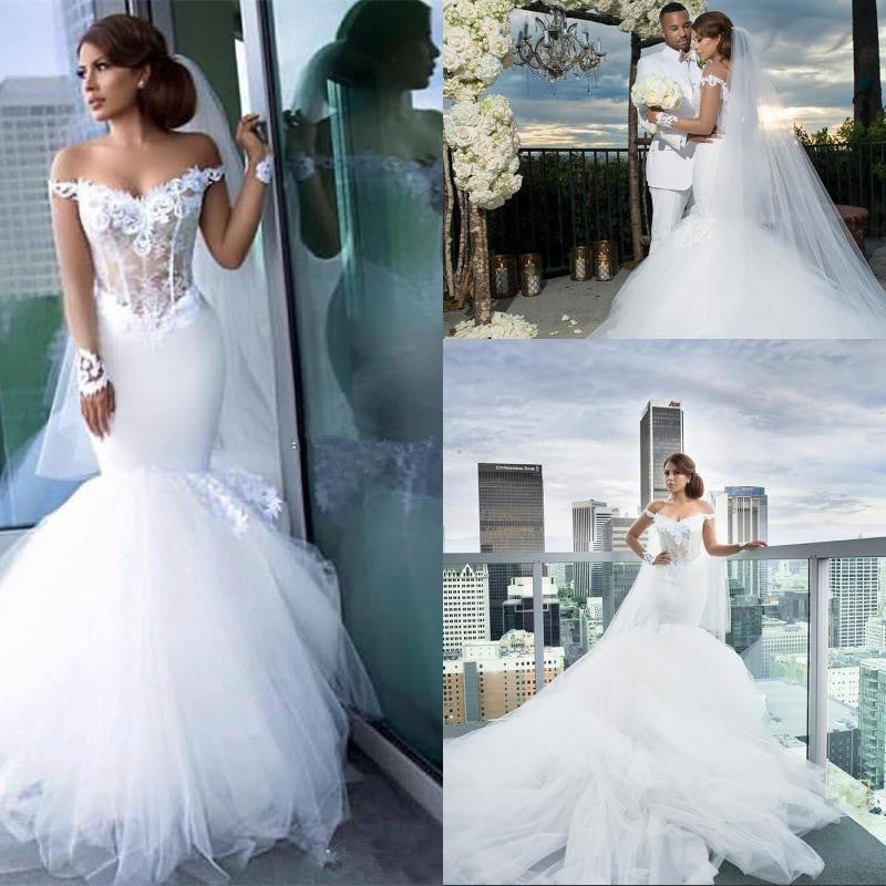 Classic Off the Shoulder Tulle Mermaid Appliques Long Sleeves Wedding Dress