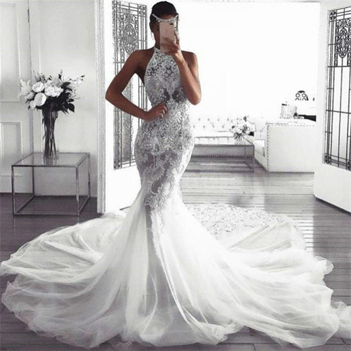 Classic Sleeveless Halter Wedding Dresses Modern Mermaid Tulle Bridal Dresses