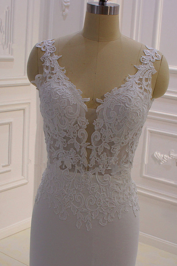 Classic Sleeveless Lace V neck Column White Court Train Wedding Dress