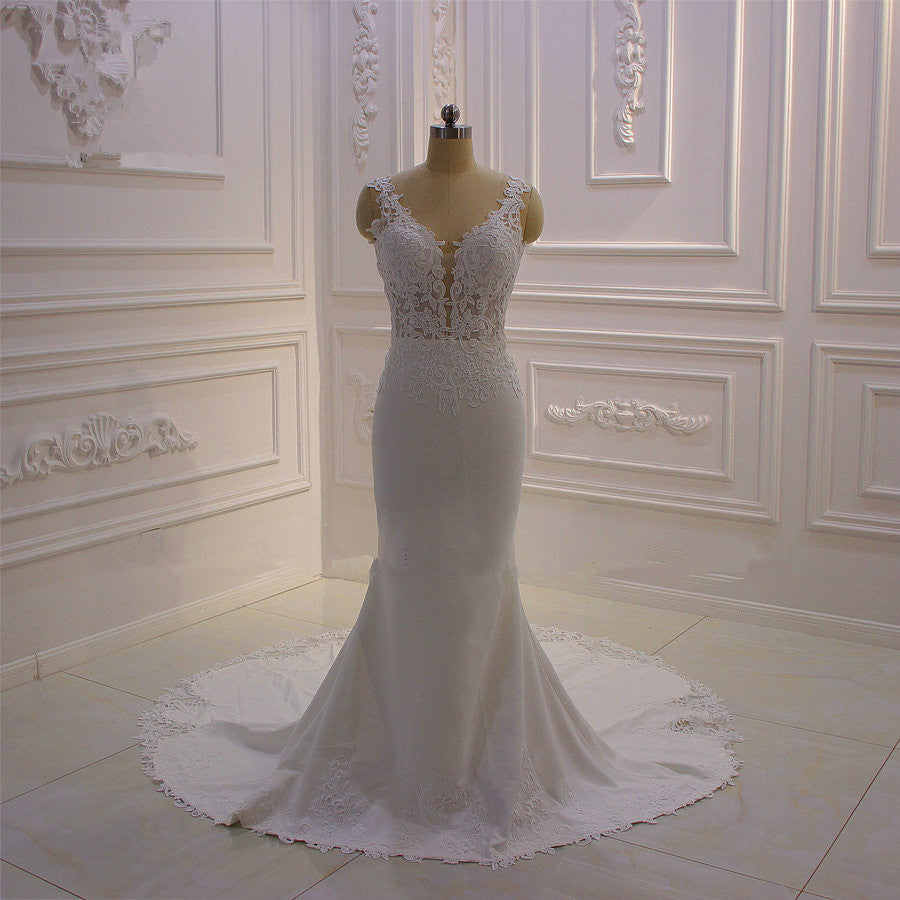 Classic Sleeveless Lace V neck Column White Court Train Wedding Dress