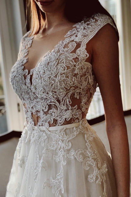 Classy Ivory A-Line Floor Length V-Neck Garden Lace Wedding Dresses