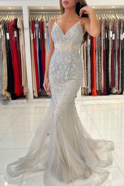 Classy Spaghetti-Straps Sleeveless Mermaid Lace Evening Dresses