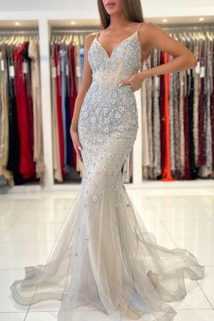 Classy Spaghetti-Straps Sleeveless Mermaid Lace Evening Dresses