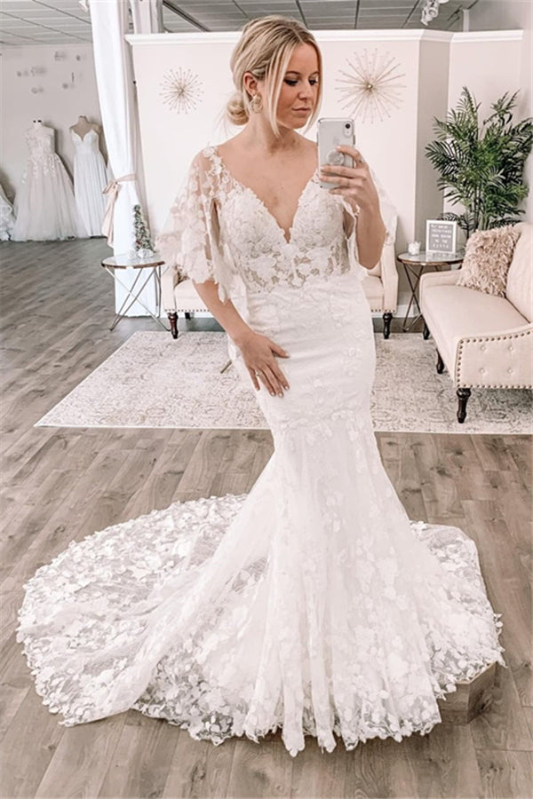 Cold shoulder Lace Mermaid Train Wedding Dresses Online