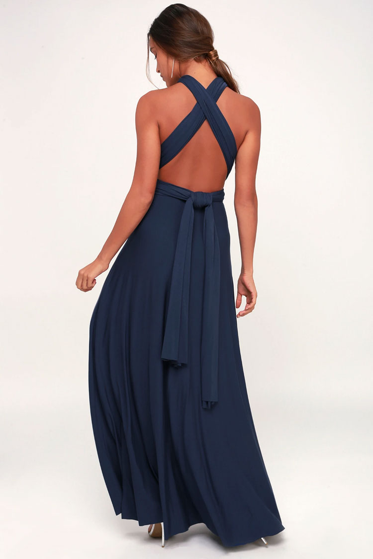 Convertible High Waist A-Line Infinity Maxi Bridesmaid Dress - Navy Blue