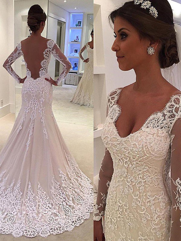 Court Train Mermaid V neck Lace Long Sleevess Wedding Dresses