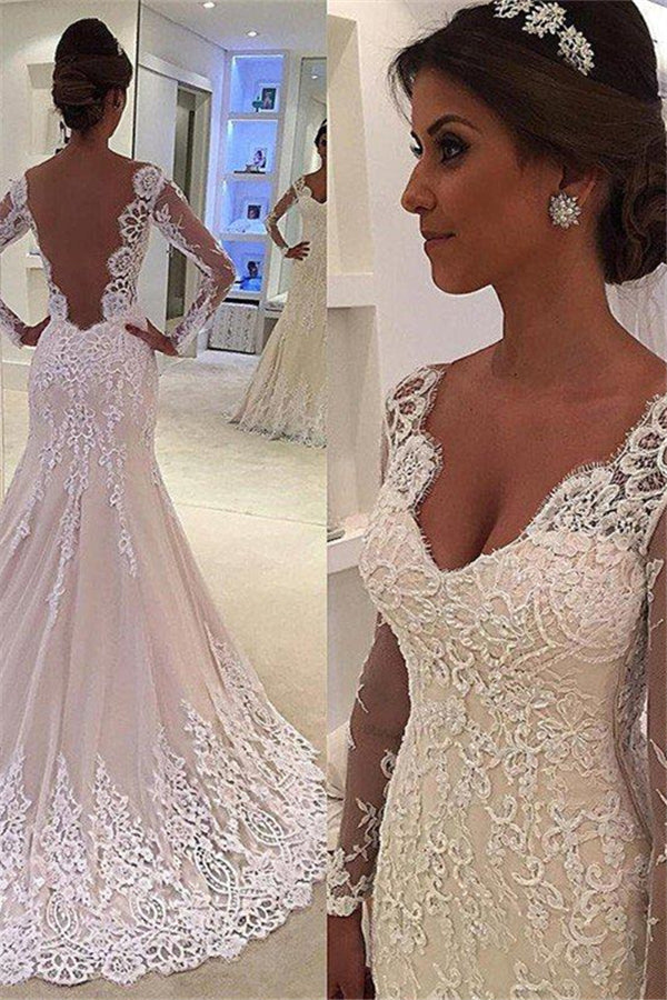 Court Train Mermaid V neck Lace Long Sleevess Wedding Dresses