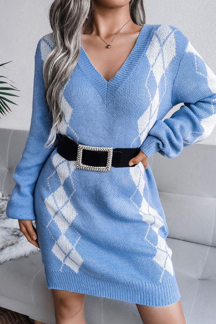 Cozy Two Tone Argyle Rib Knit V Neck Winter Sweater Mini Dress - Sky Blue