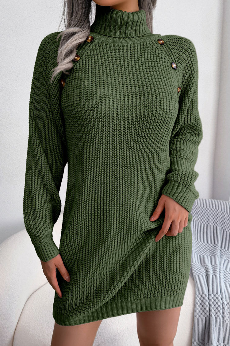 Cozy Winter Button Trim Ribbed Turtleneck Sweater Mini Dress - Army Green