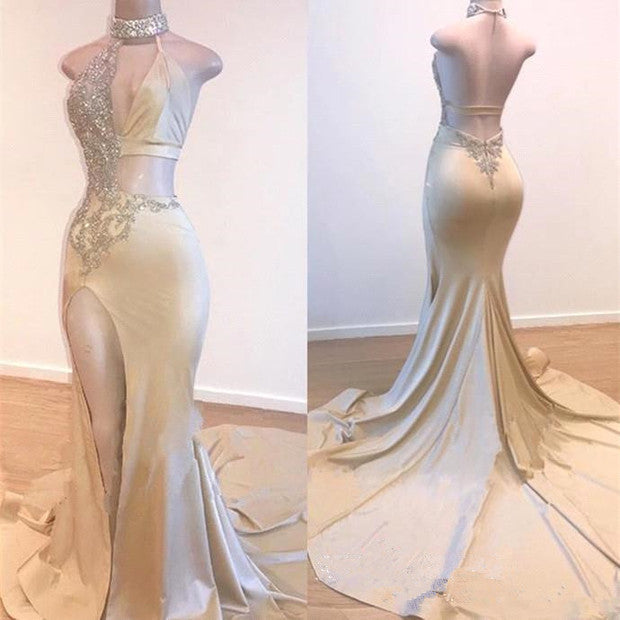 Crystal Halter Side Slit Prom Dresses A-Line Backless Sleeveless Evening Dresses