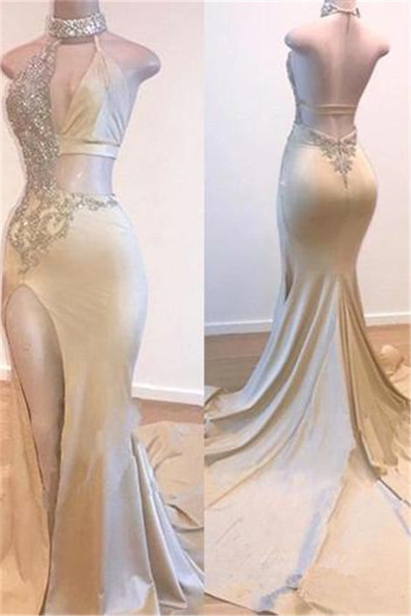 Crystal Halter Side Slit Prom Dresses A-Line Backless Sleeveless Evening Dresses