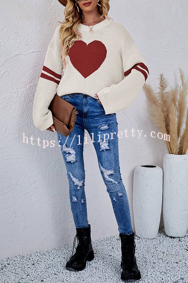 Contrast Color Round Neck Pullover Love Heart Knitted Long Sleeved Sweater