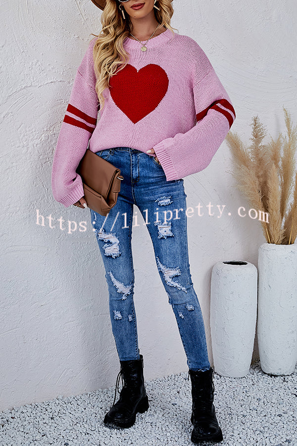 Contrast Color Round Neck Pullover Love Heart Knitted Long Sleeved Sweater