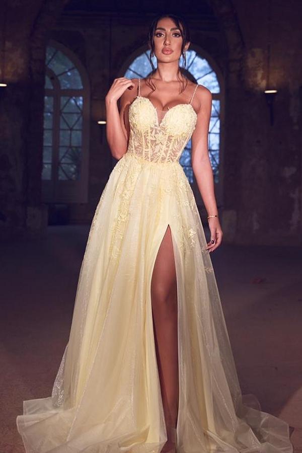 Daffodil Spagetti-Straps Prom Dress Split Long With Appliques