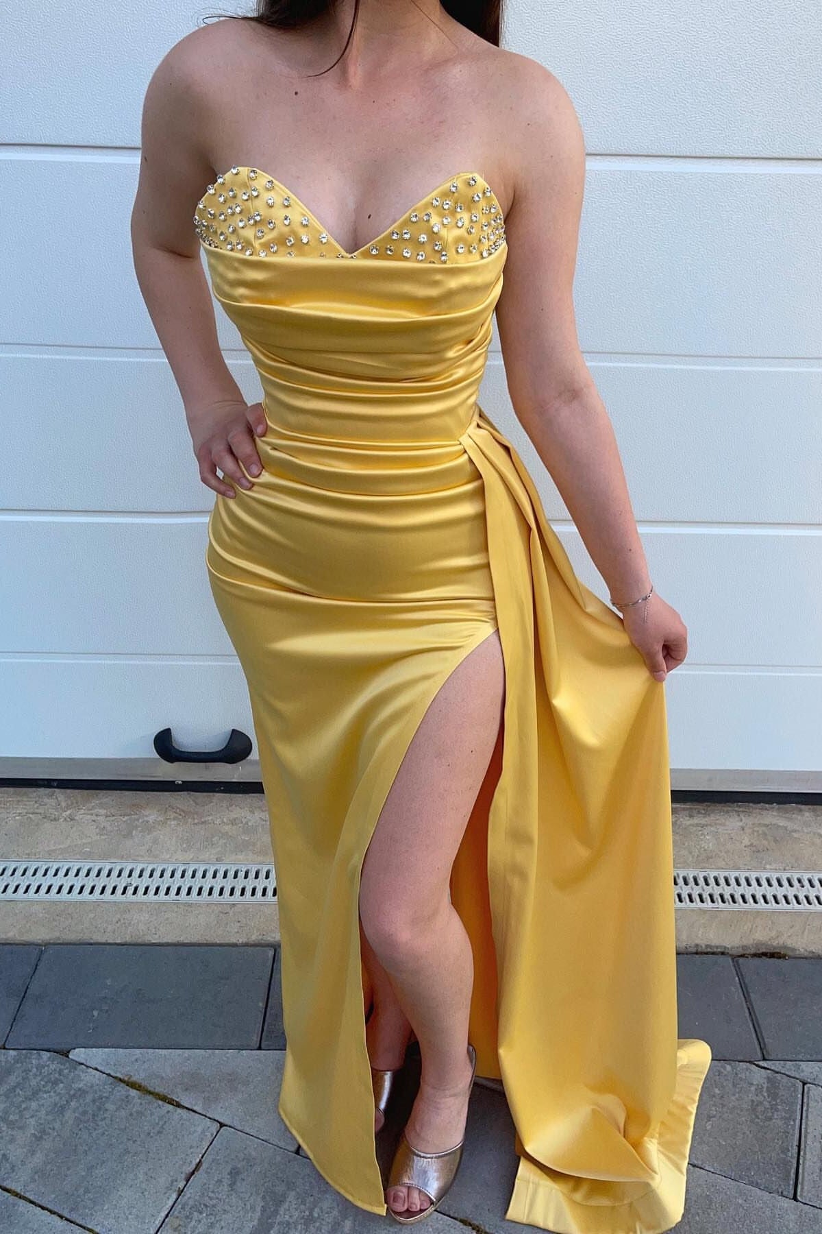 Daffodil Sweetheart Mermaid Prom Dress Slit Long With Beads