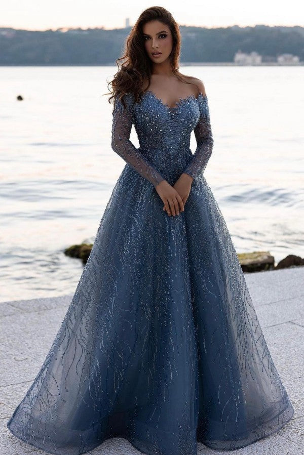 Dark Blue Long Sleeves Prom Dress Off-the-Shoulder With Beads