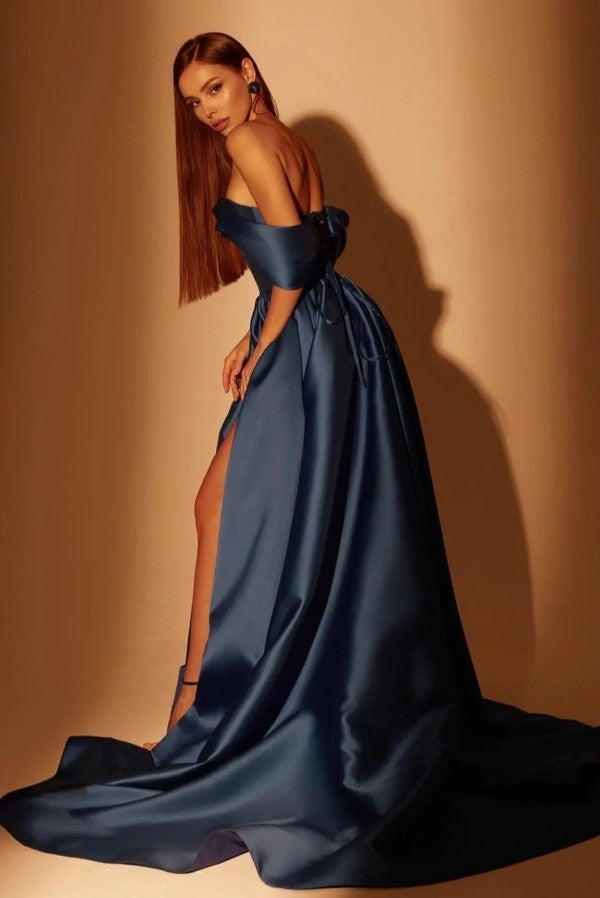 Dark Blue Off-the-Shoulder Prom Dress A-Line