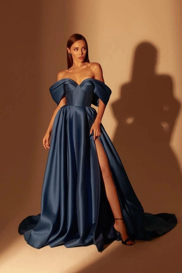 Dark Blue Off-the-Shoulder Prom Dress A-Line